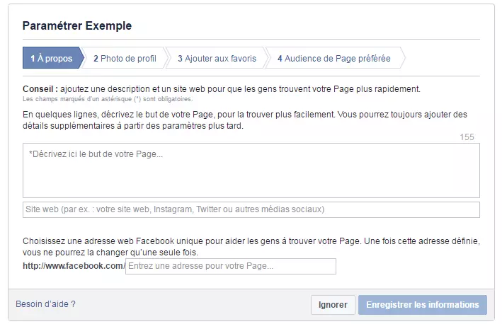 Concevoir une Page Facebook : ajouter une courte description