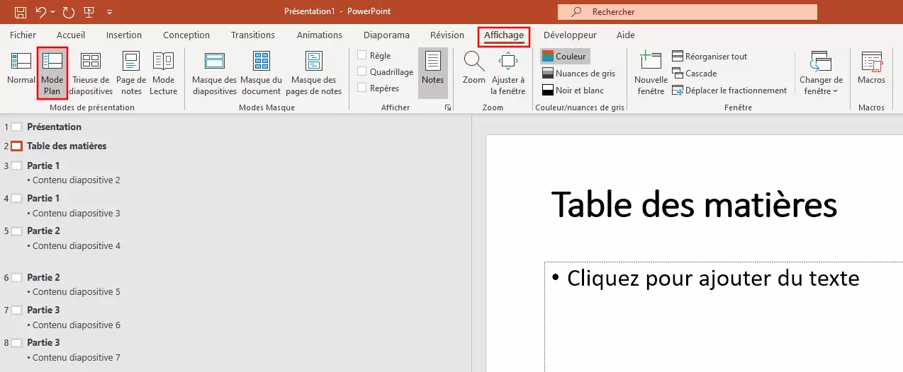 PowerPoint table des matières : mode plan