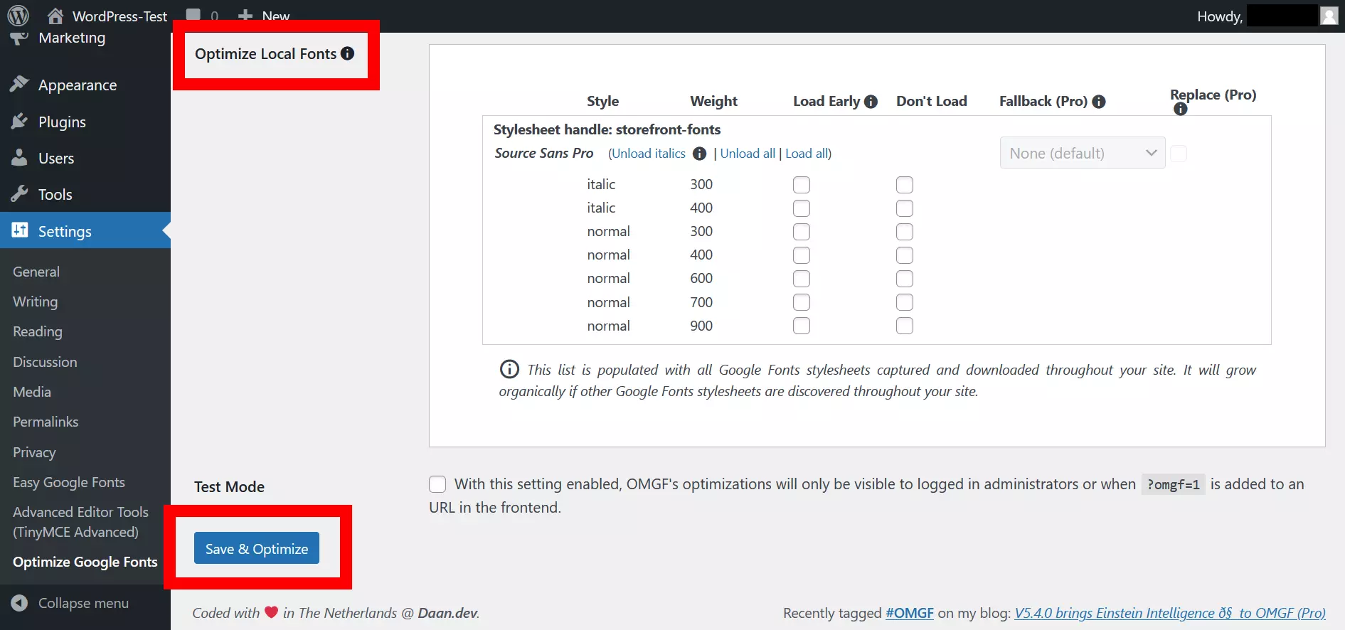 Capture d’écran de la page de configuration du plugin OMGF