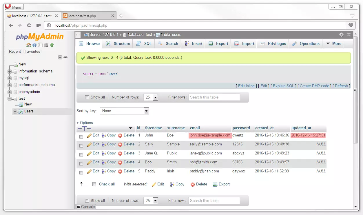 phpMyAdmin : aperçu actualisé du tableau selon l’opération de base de données UPDATE