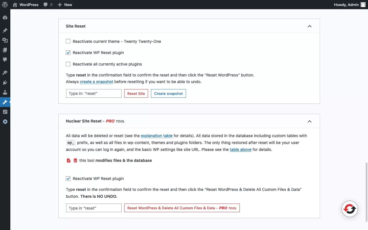 Capture d’écran de la page de réinitialisation du « plugin WP Reset »