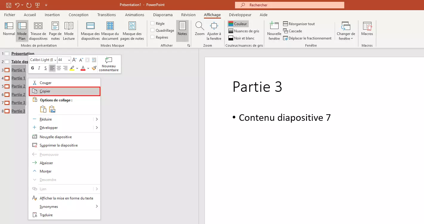 Création d’une table des matières PowerPoint : copier le plan