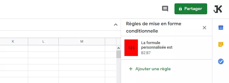 Google Sheets : règle de mise en forme active pour la cellule sélectionnée