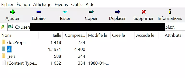 Illustration d’un fichier Excel ouvert dans le programme 7-Zip