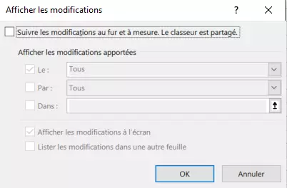 Boîte de dialogue Excel « Afficher les modifications »