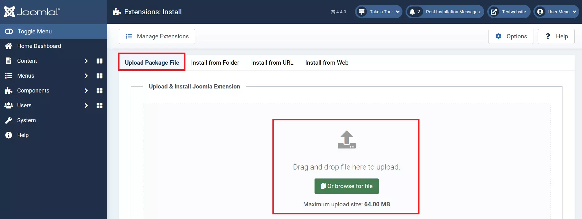 Télécharger le fichier package dans le backend Joomla