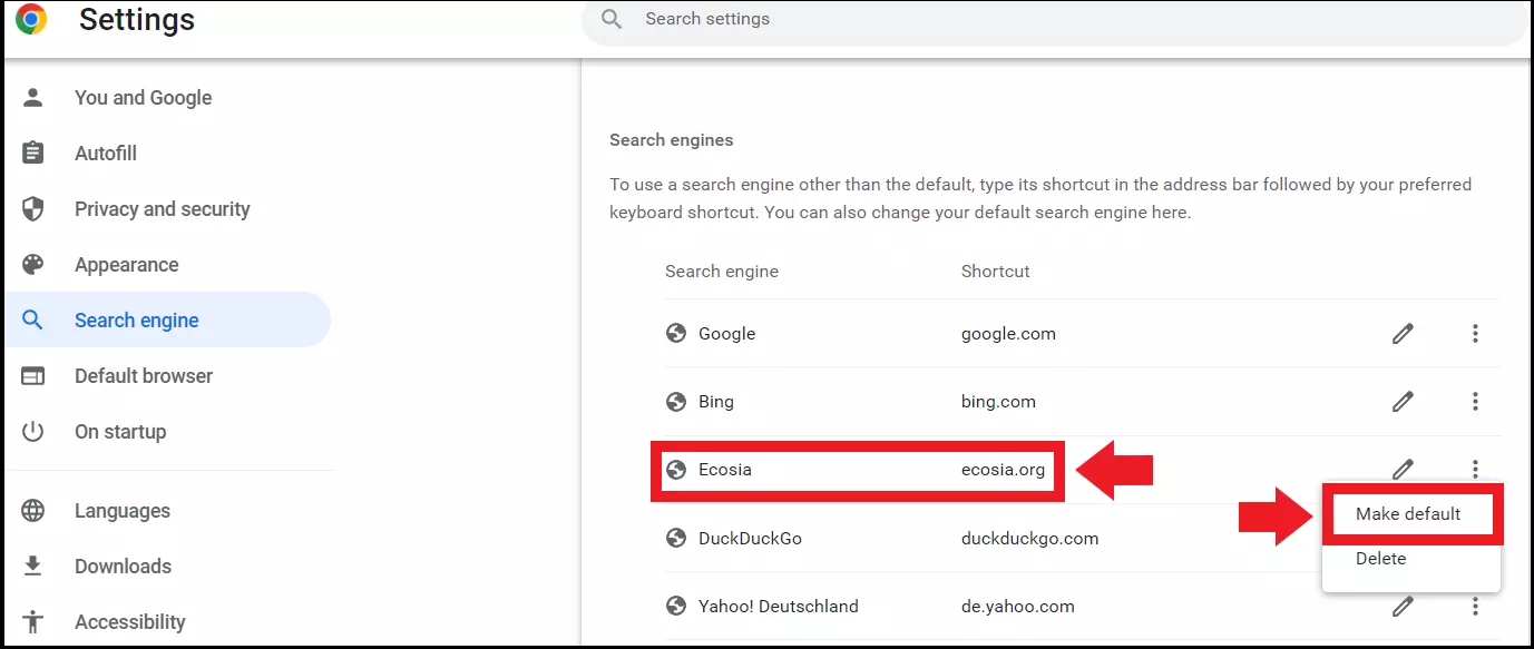 Menu Google Chrome avec l’option « Utiliser par défaut »