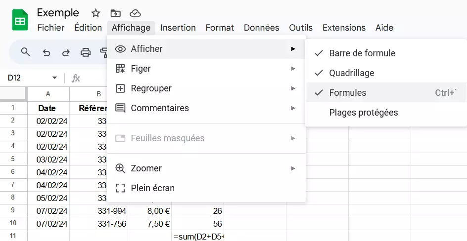 Capture d’écran d’une formule affichée dans Google Sheets