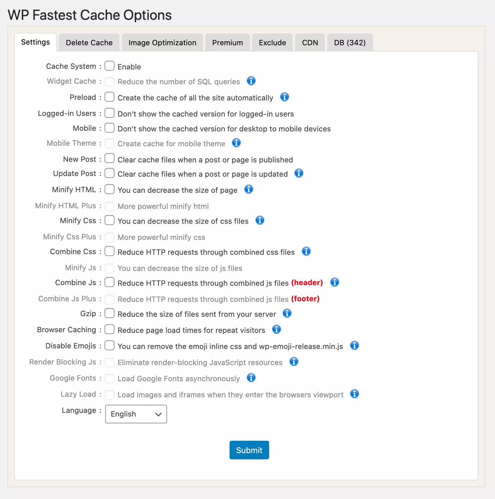 Fenêtre de paramétrage du plugin WP Fastest Cache dans le back-office de WordPress