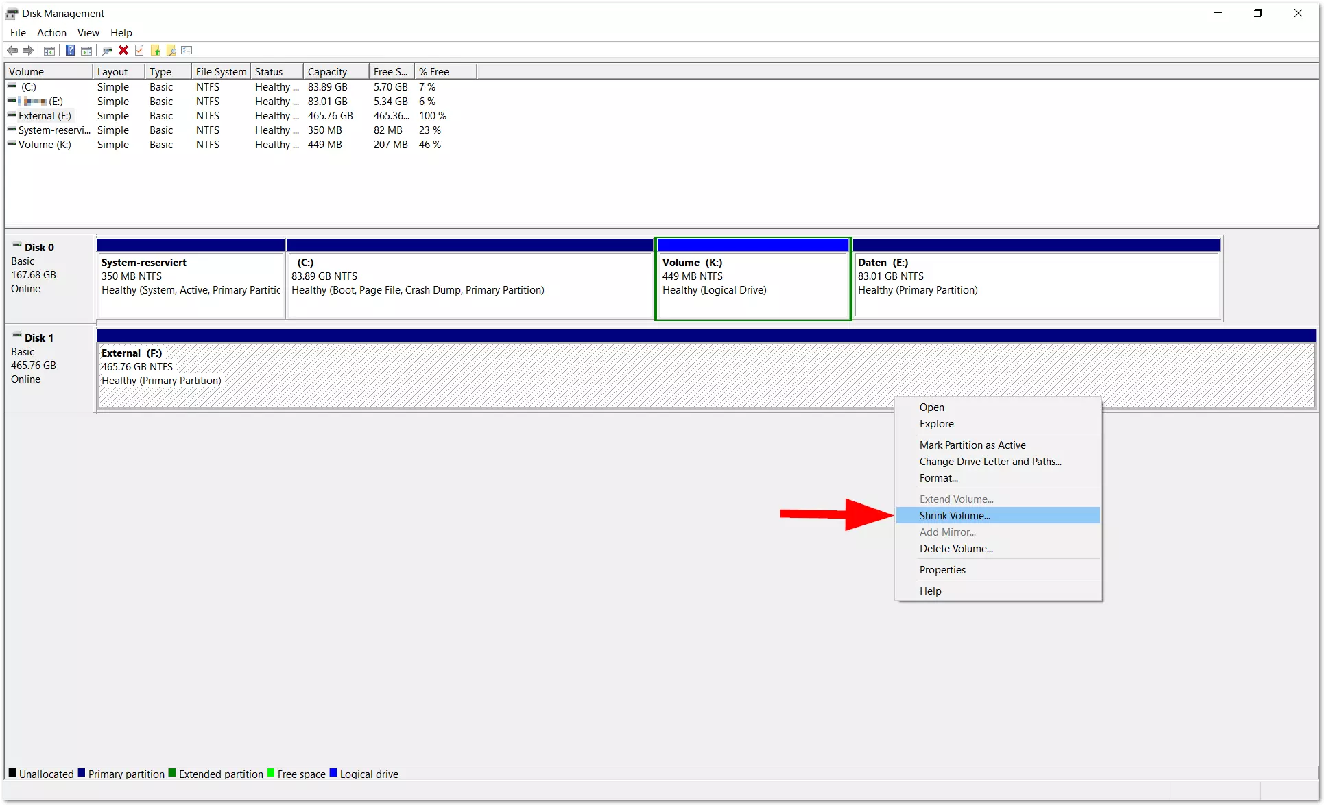 Aperçu de Gestion des disques sous Windows 10