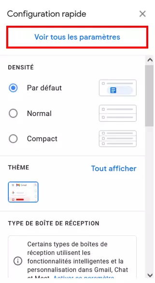 Menu des paramètres dans Gmail