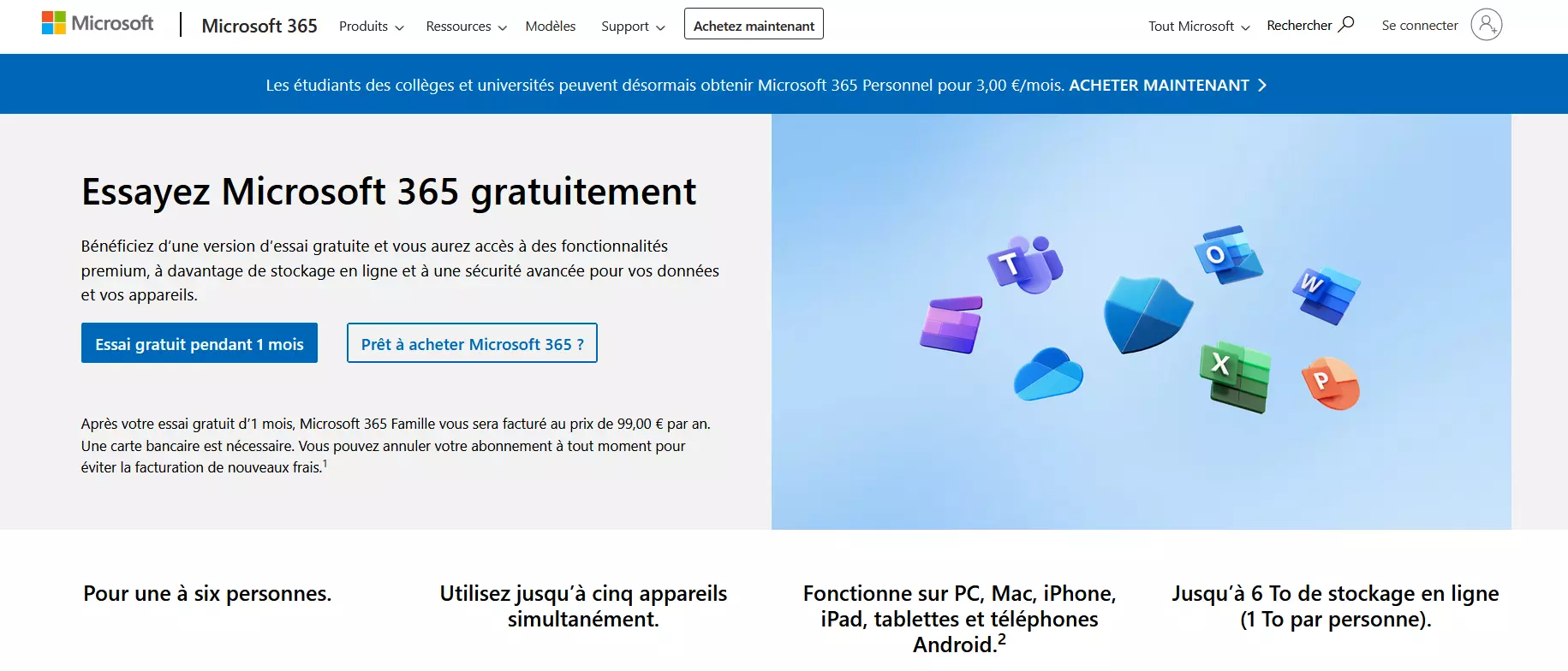 La page Microsoft avec l’offre d’essai gratuite pour Microsoft 365