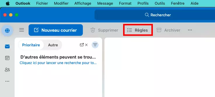 Le menu de Microsoft Outlook sous macOS