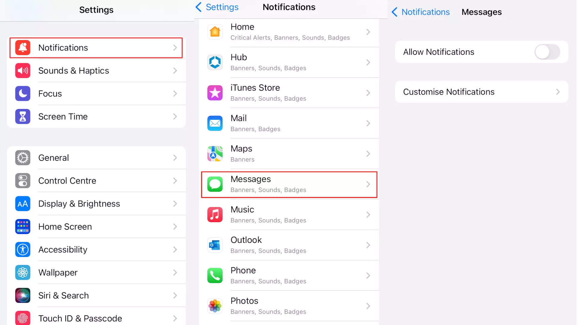 Les paramètres de notification des applications sous iOS