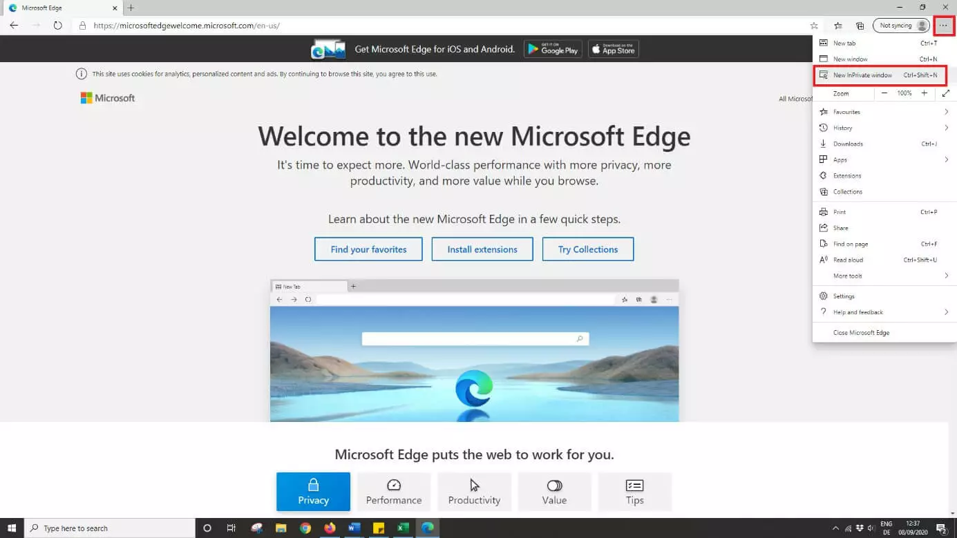 Activer une nouvelle fenêtre privée dans Microsoft Edge