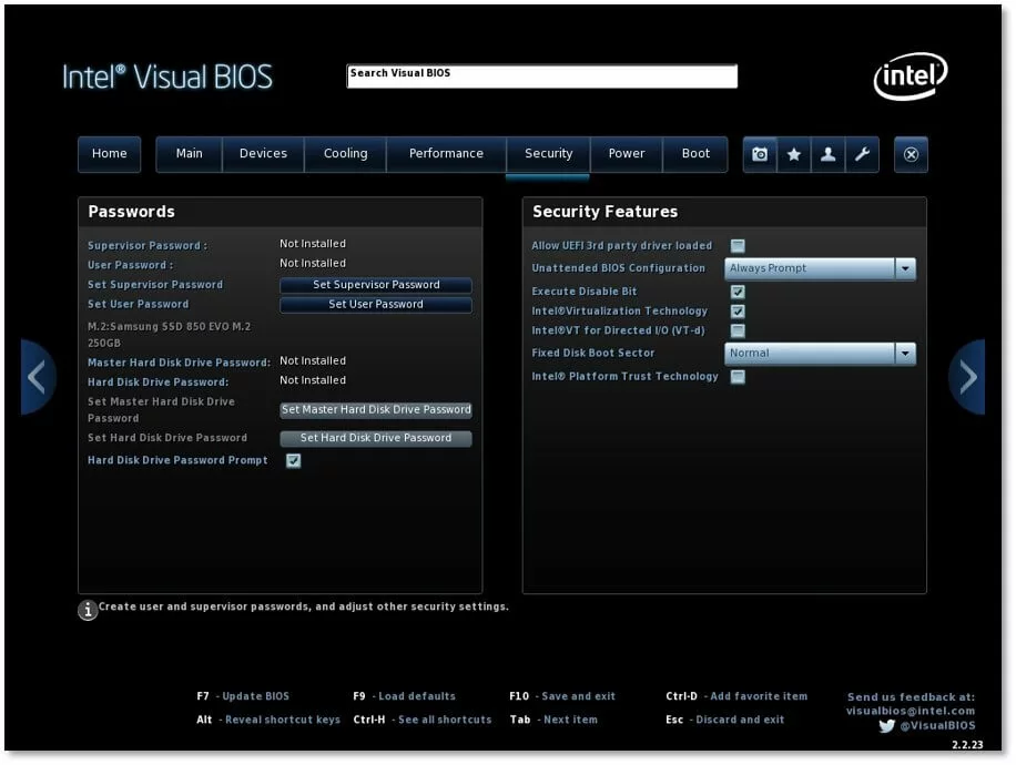 Intel Visual BIOS : fonctionnalités de sécurité