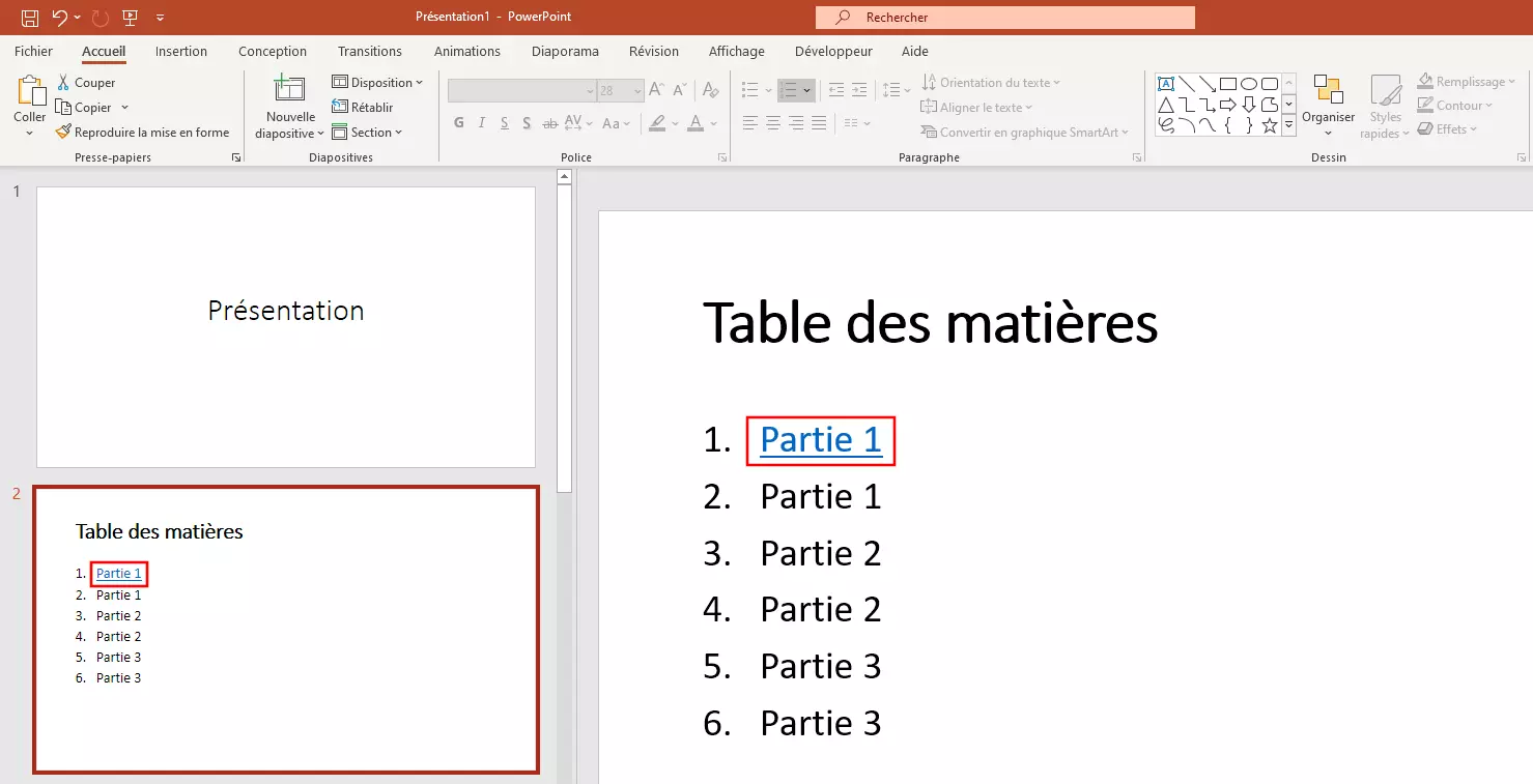 Liens hypertextes standards dans la table des matières PowerPoint