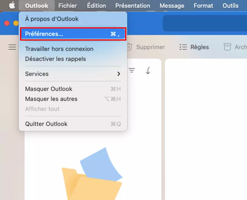 Outlook pour Mac : menu défilant avec l’option de menu « Préférences »