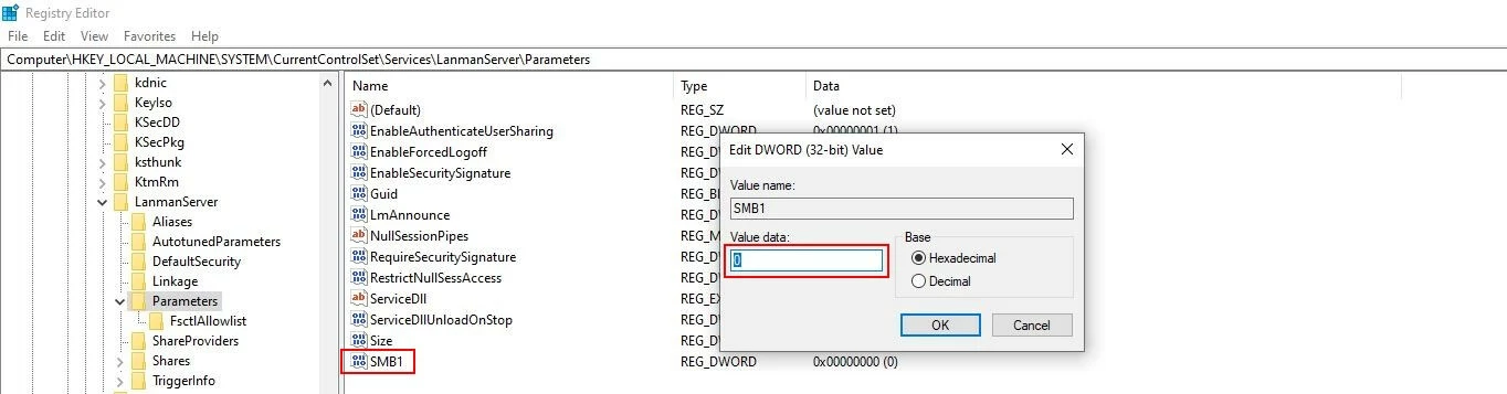 Entrée SMB1 dans le registre Windows 10