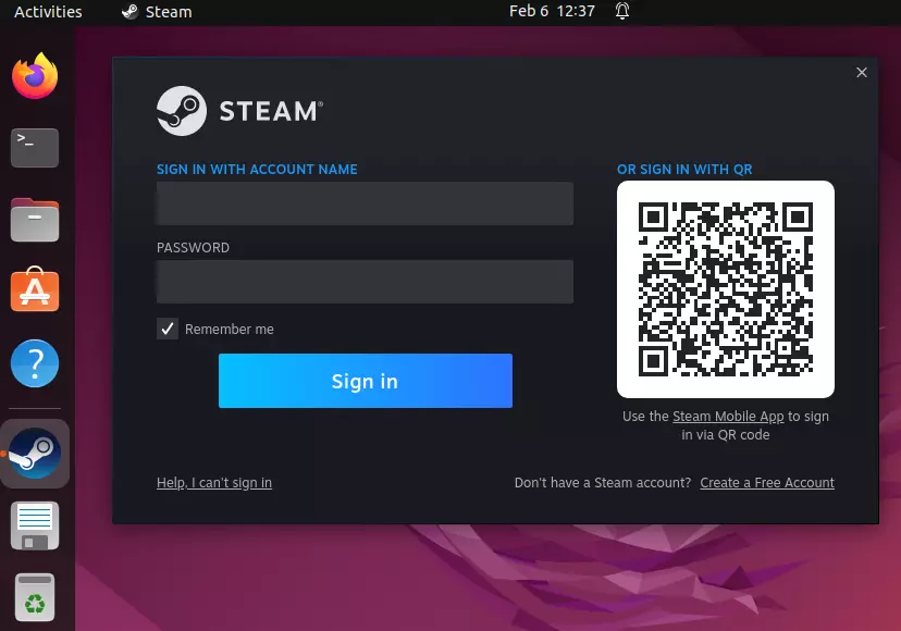 Invite de connexion à Steam dans Ubuntu