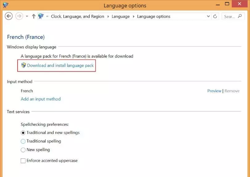 Fenêtre avec les « options linguistiques » de Windows 8