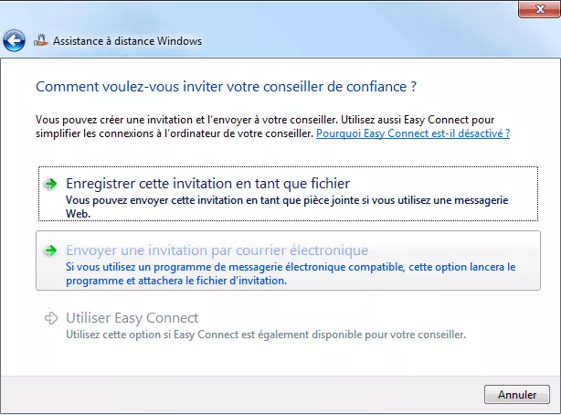 Fenêtre de dialogue pour choisir entre envoyer l’invitation sous forme de fichier, de courrier électronique, ou grâce à Easy Connect