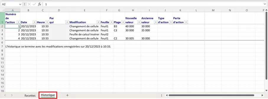 Excel : historique des modifications dans une feuille de calcul séparée