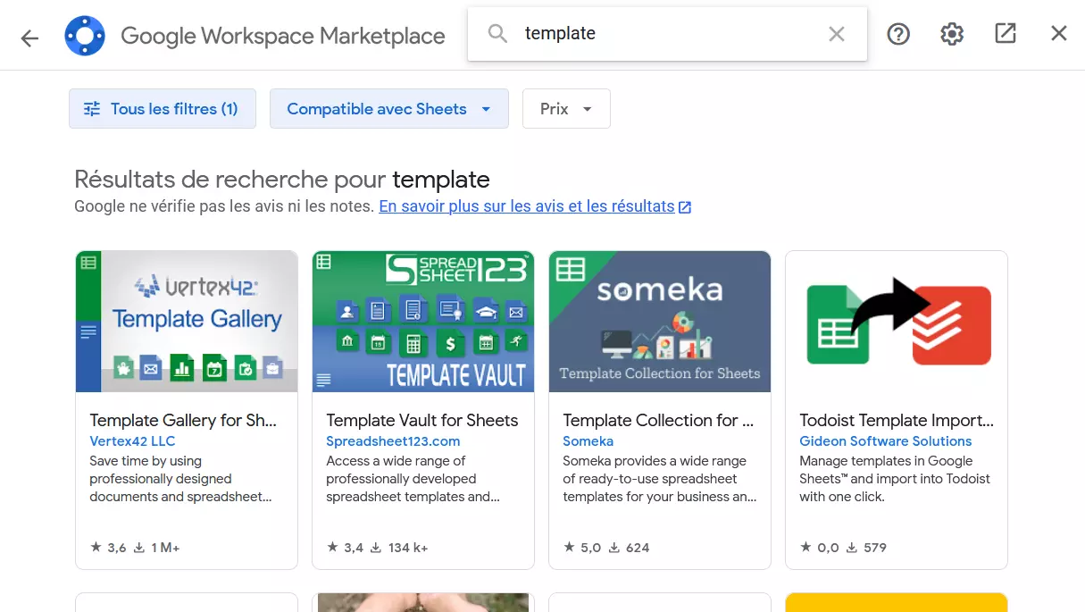 Capture d’écran des modules complémentaires pour les modèles dans Google Sheets