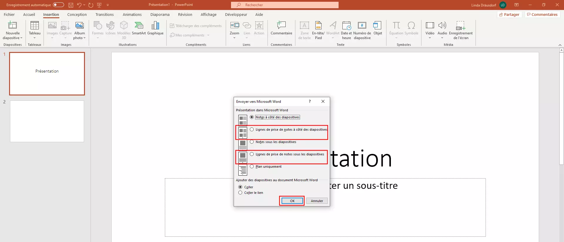 Importer une présentation PowerPoint dans Microsoft Word : options