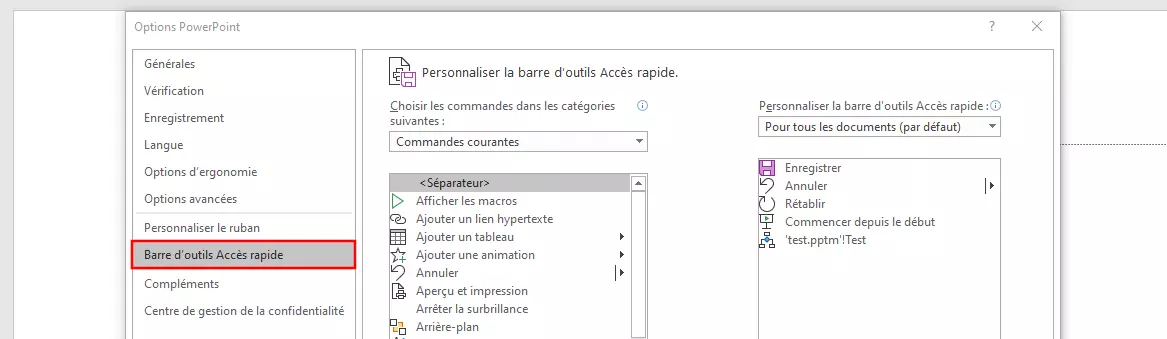 Menu pour personnaliser la barre de l’accès rapide PowerPoint