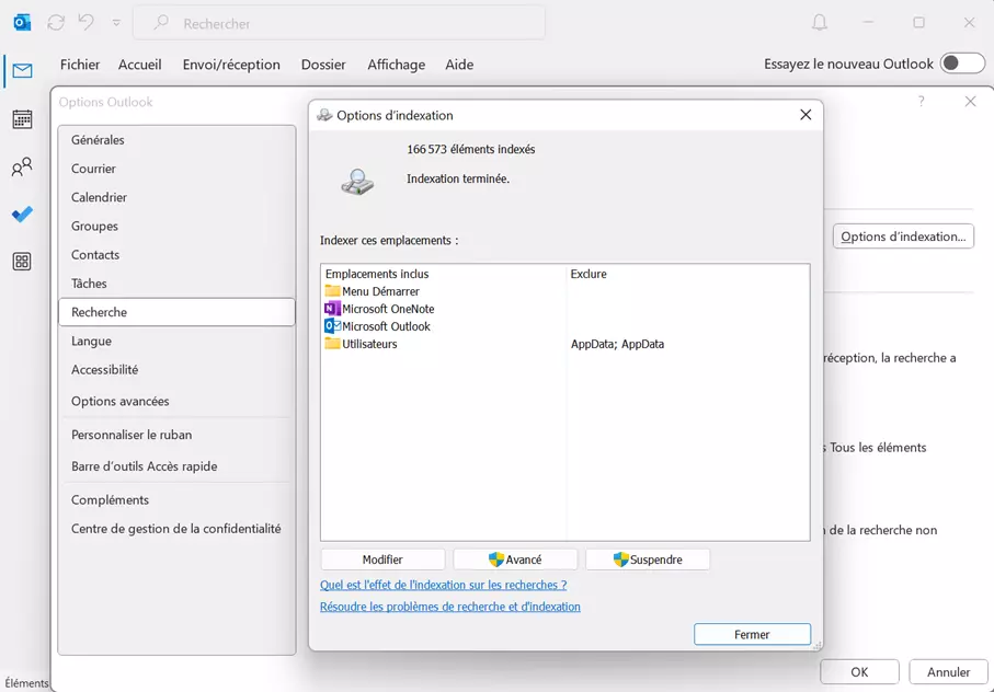 IVérifier les options d’indexation Outlook