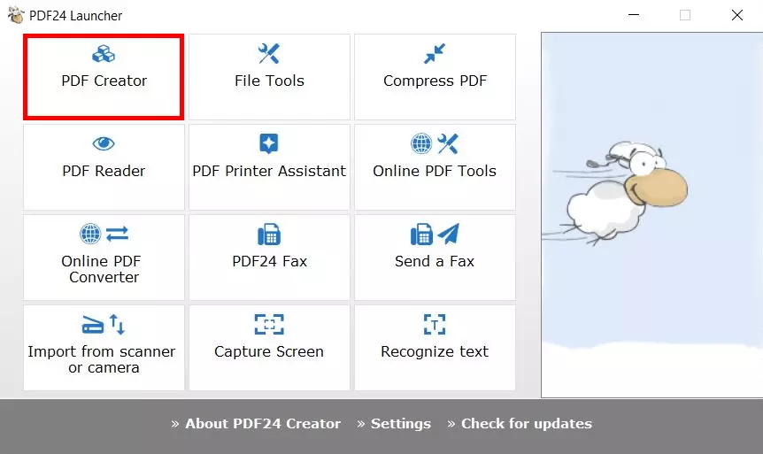 Écran de démarrage du programme PDF24 Creator