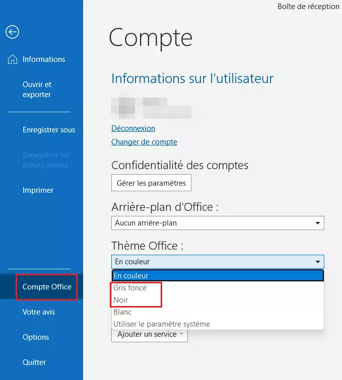 L’option Thème Office dans le compte Office avec les variantes de mode sombre