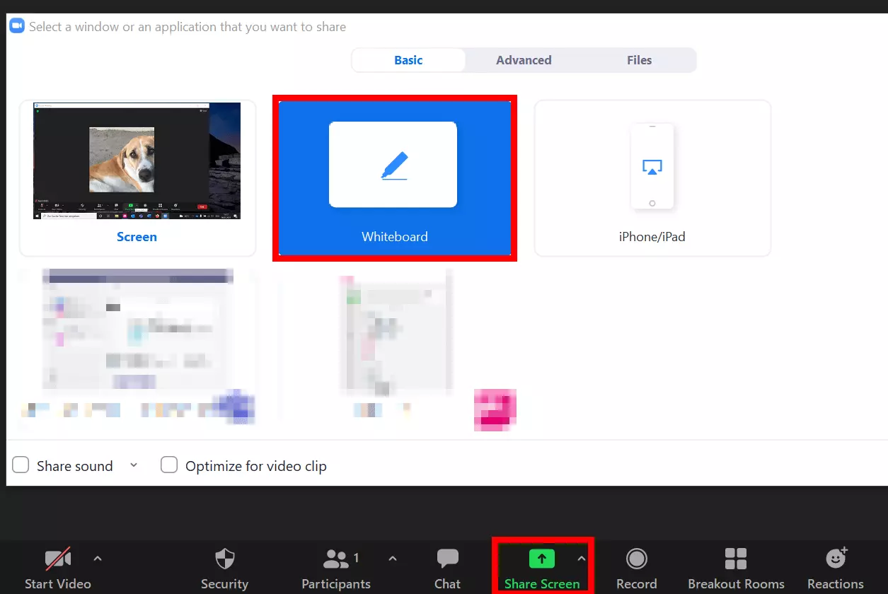 Partage d’écran avec le tableau blanc de Zoom