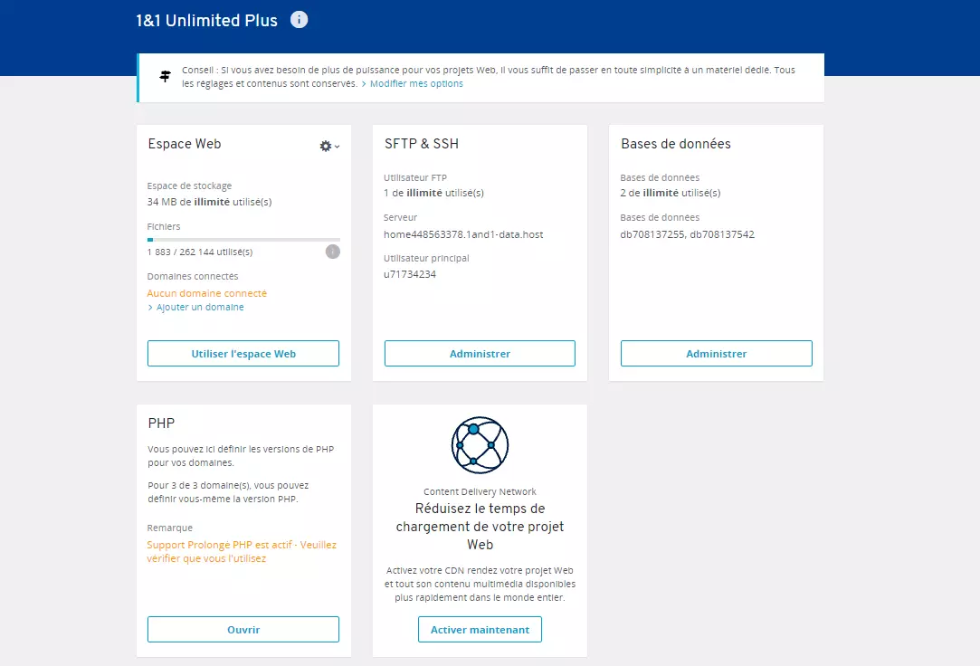 Panneau de configuration IONOS : entrée PHP dans l’aperçu de l’hébergement.