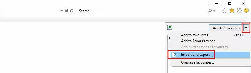 Option de menu « Importer et exporter » dans Internet Explorer
