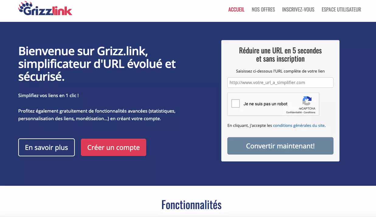 Capture d’écran du service en ligne Grizz.link