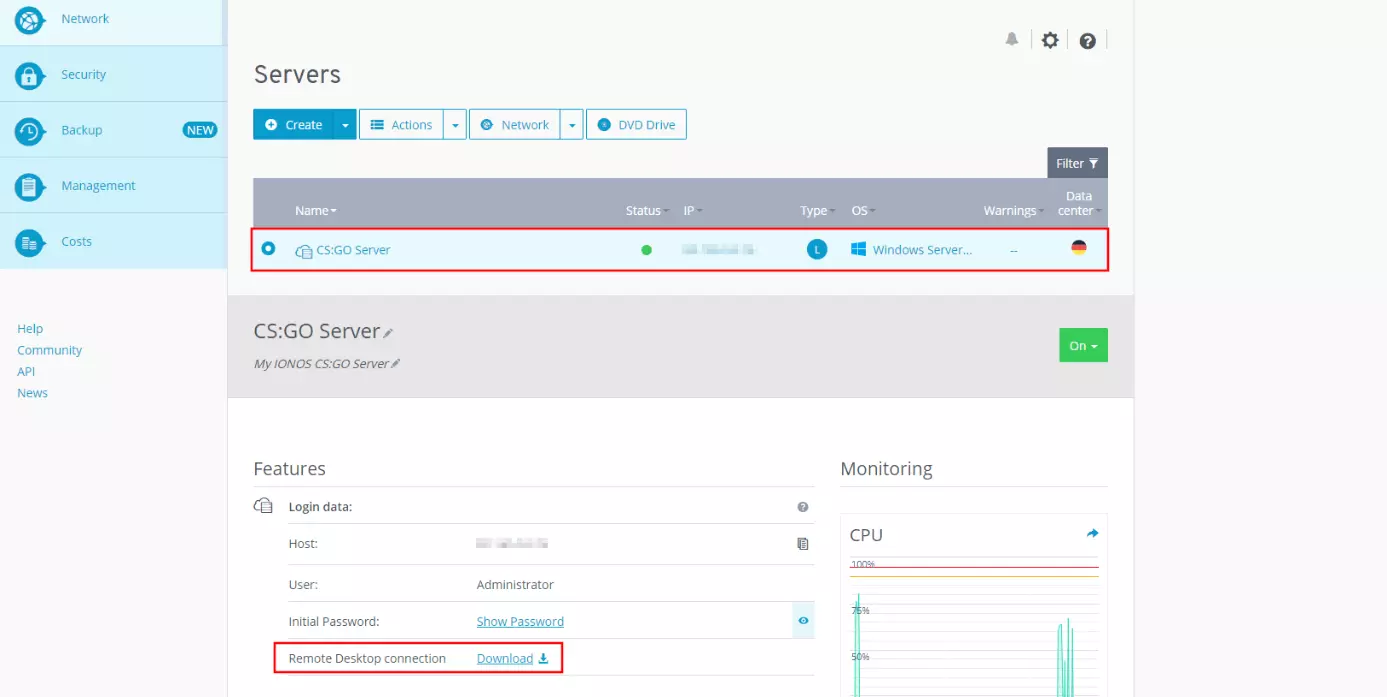 IONOS Cloud Panel : Données et informations sur les serveurs