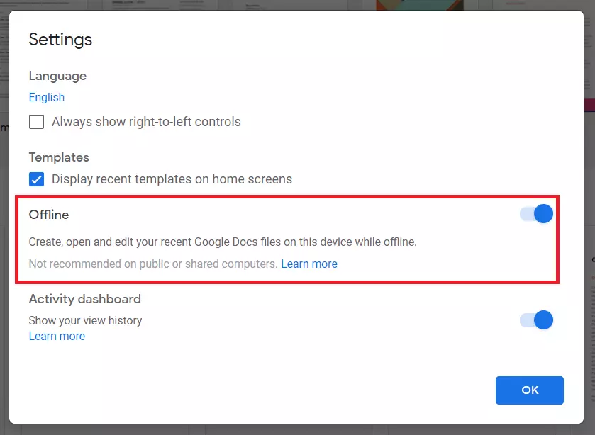 Le curseur qui permet d’activer l’utilisation de Google Docs hors connexion