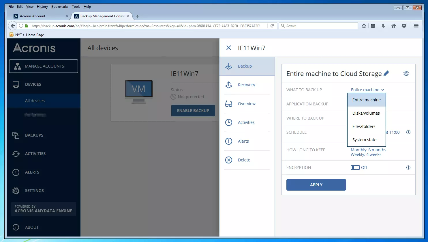 Acronis Backup 12.5 Console de gestion des sauvegardes : menu déroulant de sélection de la source de données.