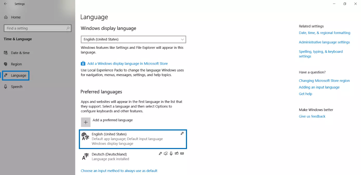 Paramètres de langues dans Windows 10