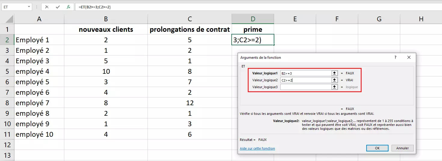 La fonction ET dans Excel : boîte de dialogue « Arguments de la fonction »