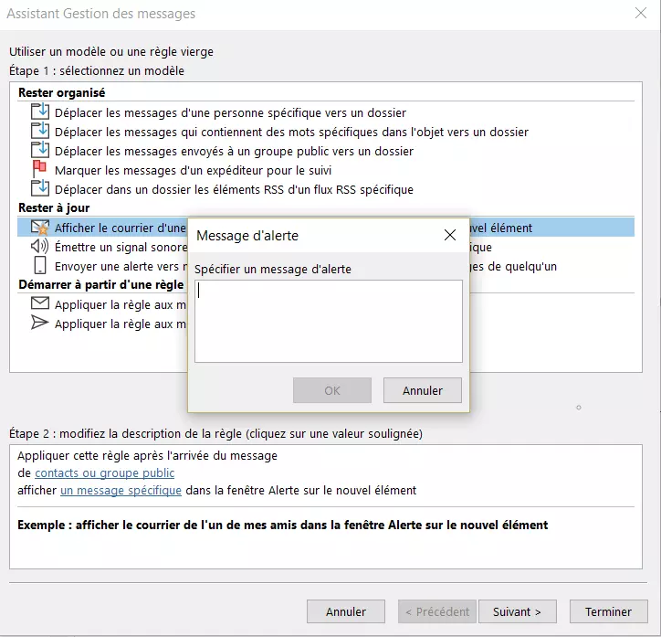 Assistant règles Outlook : boîte de dialogue « Message d’alerte »