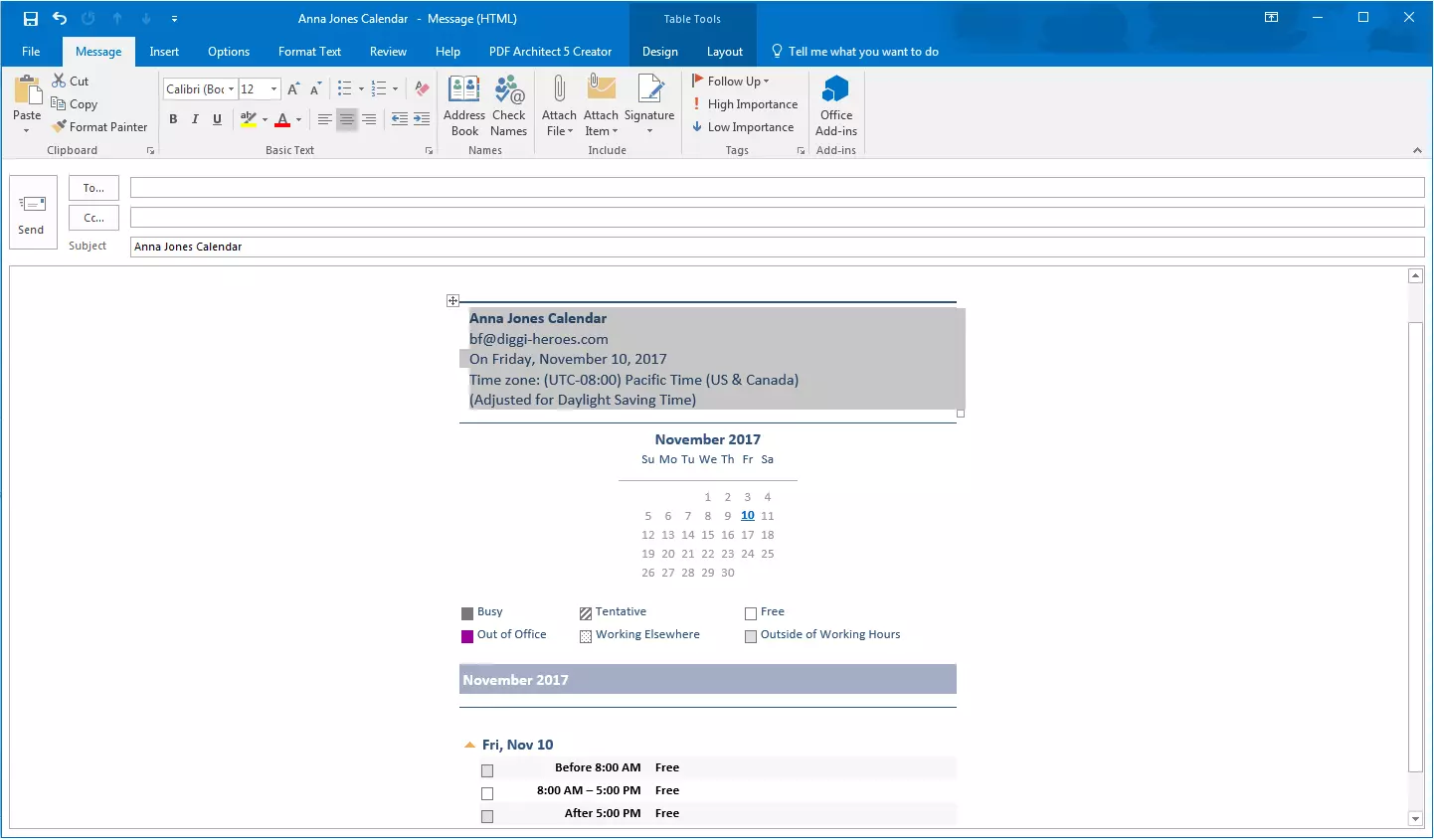 Outlook : Calendrier prêt à être envoyé par courrier électronique.