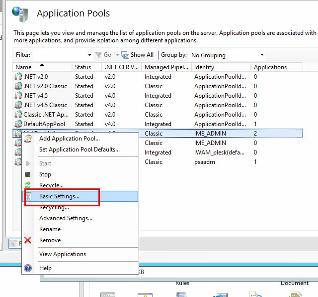 Pools d’applications dans le gestionnaire IIS : « Paramètres de base »