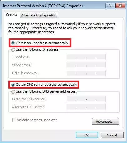 Menu d’options du protocole Internet (TCP/IPv4) sous Windows 7