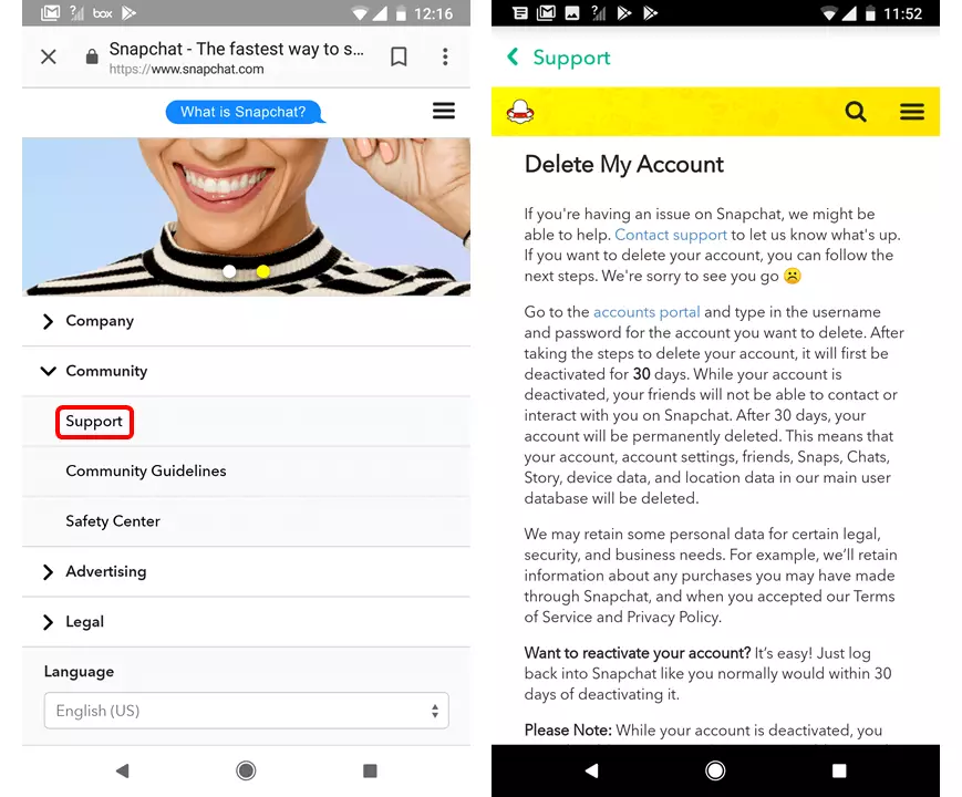 Fenêtre de suppression de compte Snapchat via le navigateur Web.