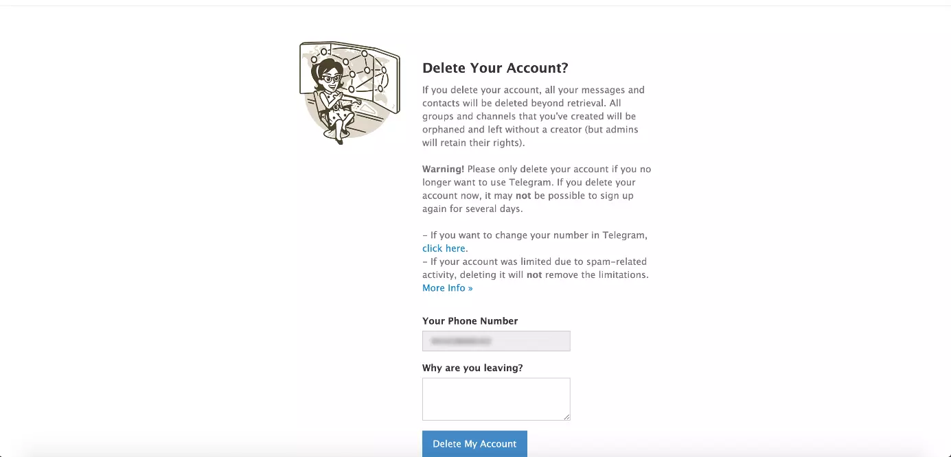 Page Web pour supprimer votre compte Telegram