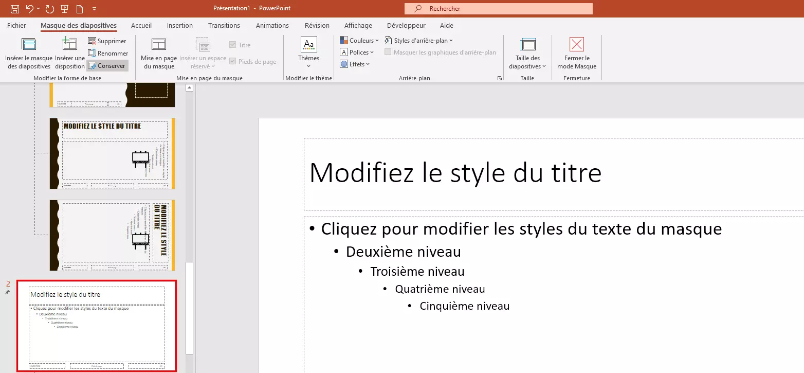 Créer un second masque des diapositives dans PowerPoint 365