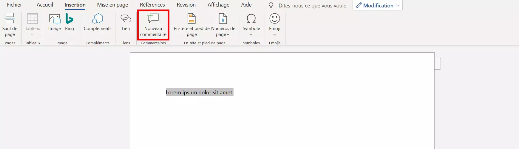 Word 2016 : bouton « Nouveau commentaire » dans l’onglet Insérer